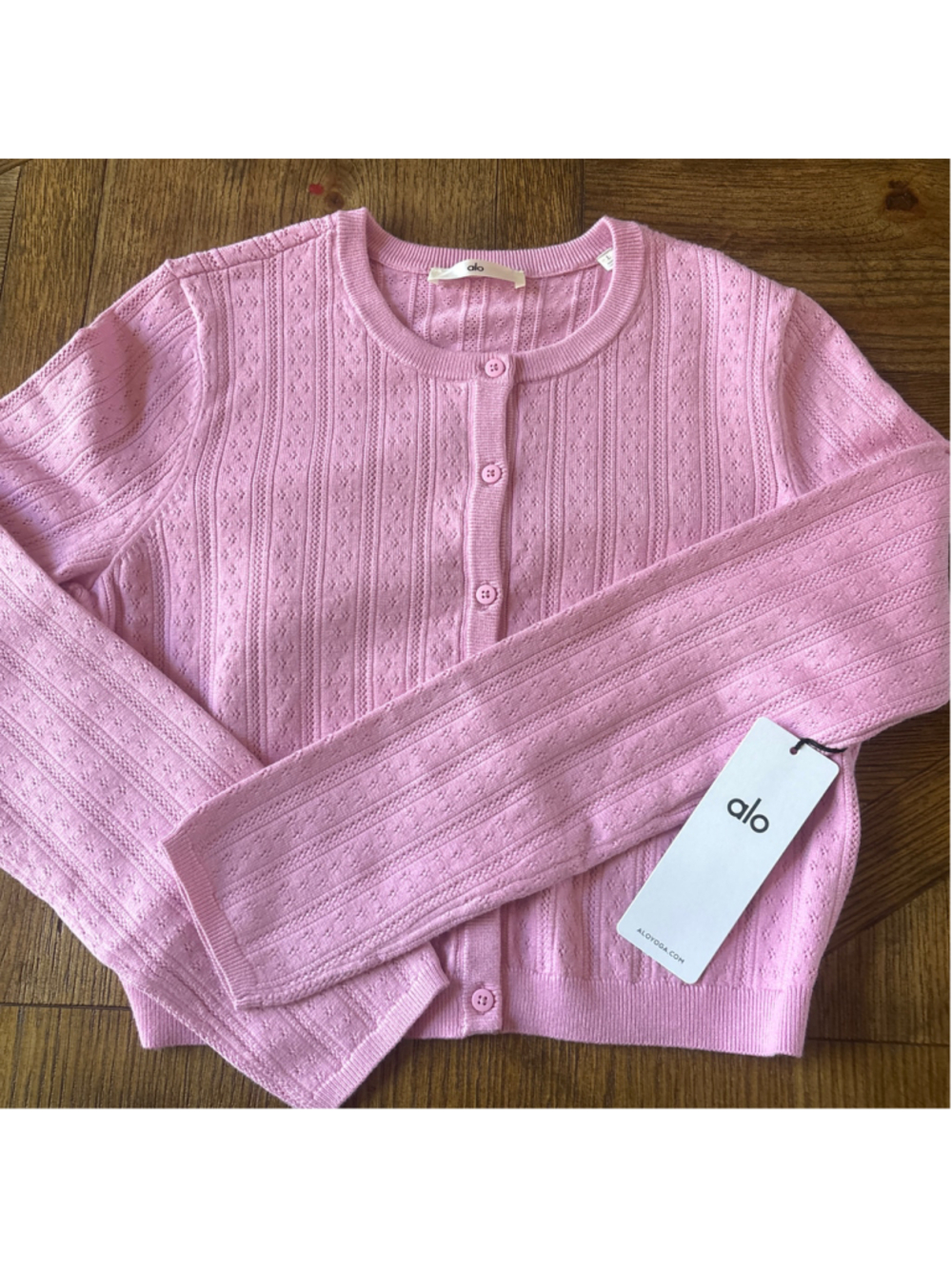 Women's Alo Yoga Pointelle sweater be mine cardigan Size L candy heart pink - Picture 1 of 5
